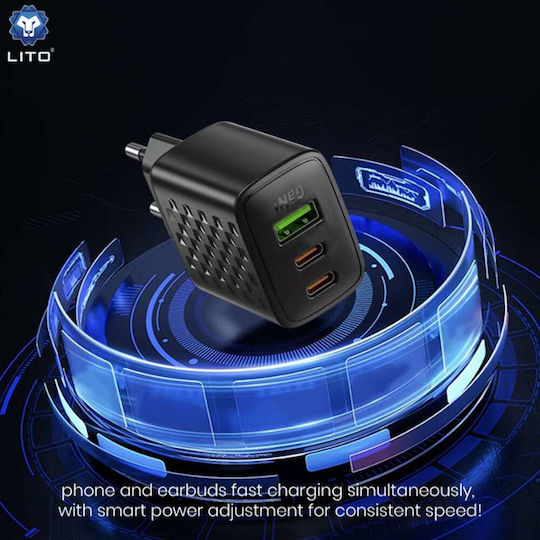 Lito Charger GaN with USB-A Port and 2 USB-C Ports and Cable USB-C - USB-C 65W Power Delivery Blacks (LC25T)