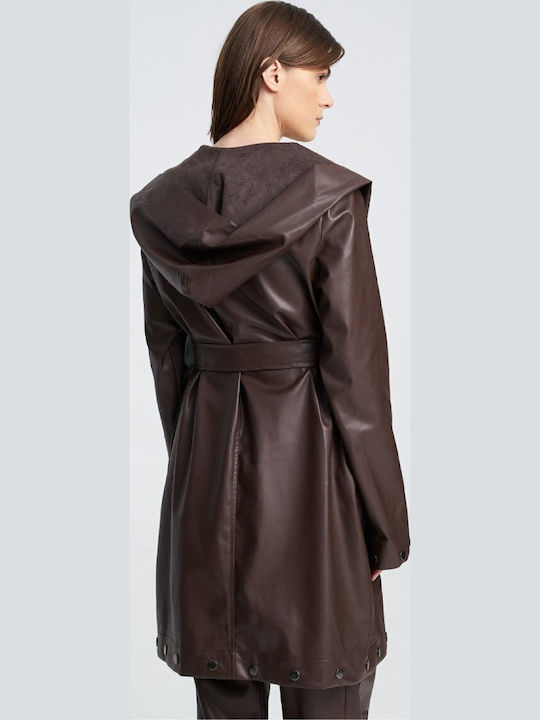 Leder Damen Brown Mantel mit Knöpfen