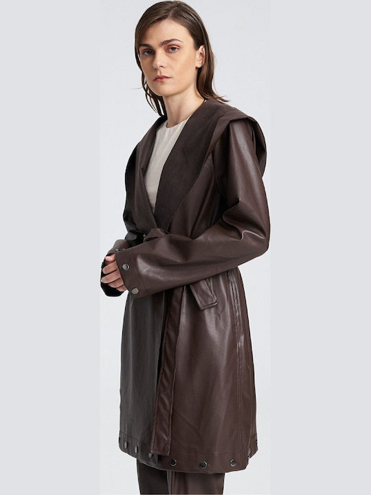 Leder Damen Brown Mantel mit Knöpfen