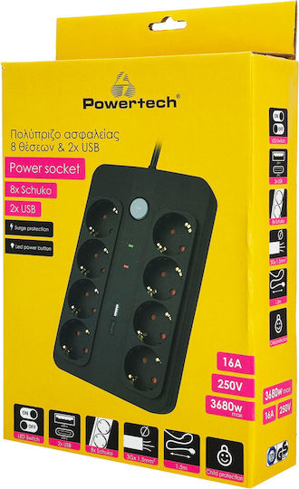 Powertech Steckdosenleiste mit Überspannungsschutz 8 Positionen mit USB-A, USB-C, Schalter und Kabel 1.5m