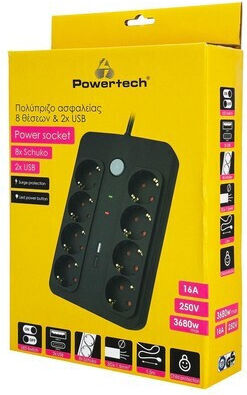 Powertech Steckdosenleiste mit Überspannungsschutz 8 Positionen mit USB-A, USB-C, Schalter und Kabel 1.5m