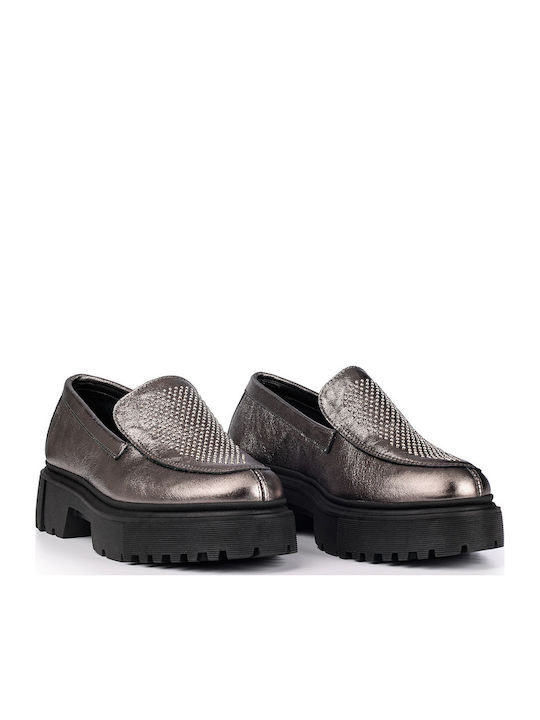 Leather Women's Loafers in Silver Color