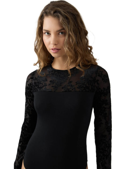 Minerva Tencel Modal Дамско Дълъг Ръкав Боди Devore-90-91992-черно