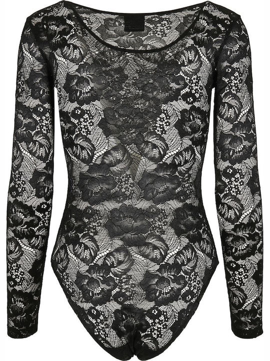 Bodysuit pentru femei cu dantelă și transparență Negru