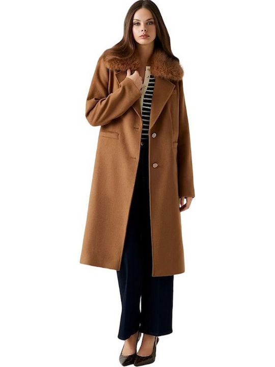 Women's Brown Coat with Fur Details