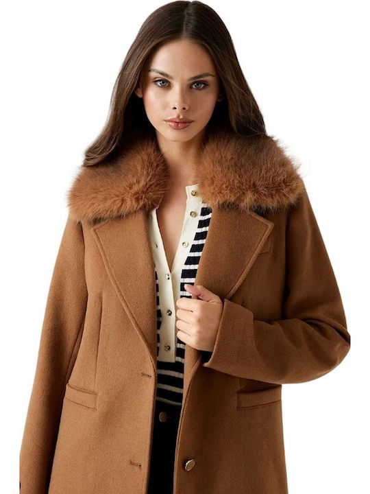Women's Brown Coat with Fur Details