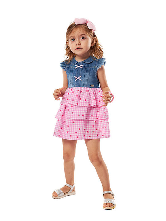 Girls Sleeveless Denim Checked Multicolour Dress