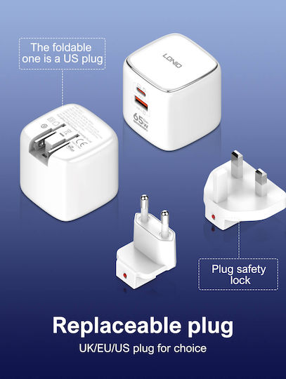 Ldnio Ldnio Handyladegerät Ohne Kabel GaN Mit USB-A und USB-C Ausgangsanschlüsse 65W Weiß