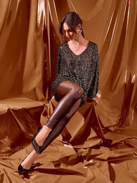 Celestino Γυναικεία Μπλούζα Oversized Παγιέτες Loose Fit Καφέ