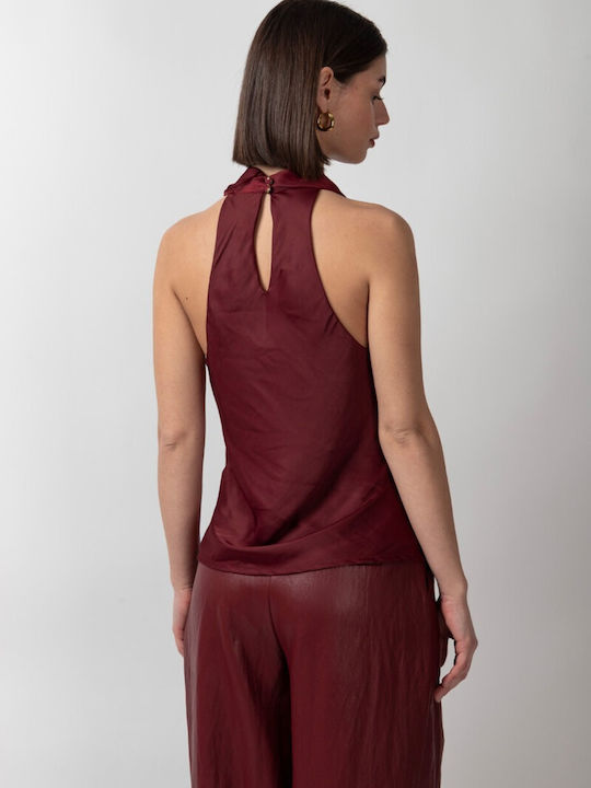 Women's Blouse Satin Sleeveless Drape Bordeaux
