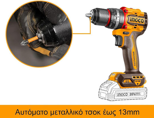 Ingco CIDLI205581 Κρουστικό Δραπανοκατσάβιδο Μπαταρίας Solo Brushless 20V
