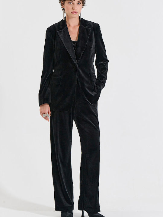 Damen Stoff Hose mit Gummizug in Geradem Schnitt Black