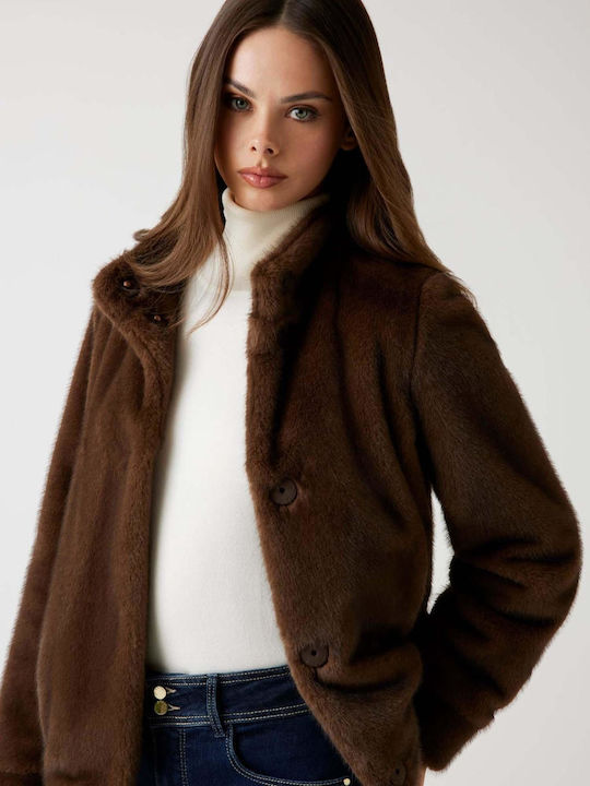 Women's Brown Coat with Fur Details