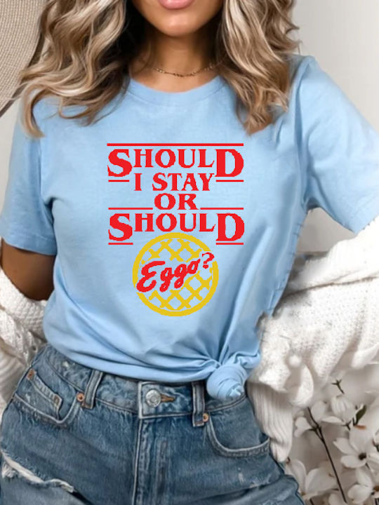 Γαλάζια Μπλούζα Tshirt Stranger Things Original Fruit Loom 100% Βαμβάκι No21 Should I Stay Should I Eggo