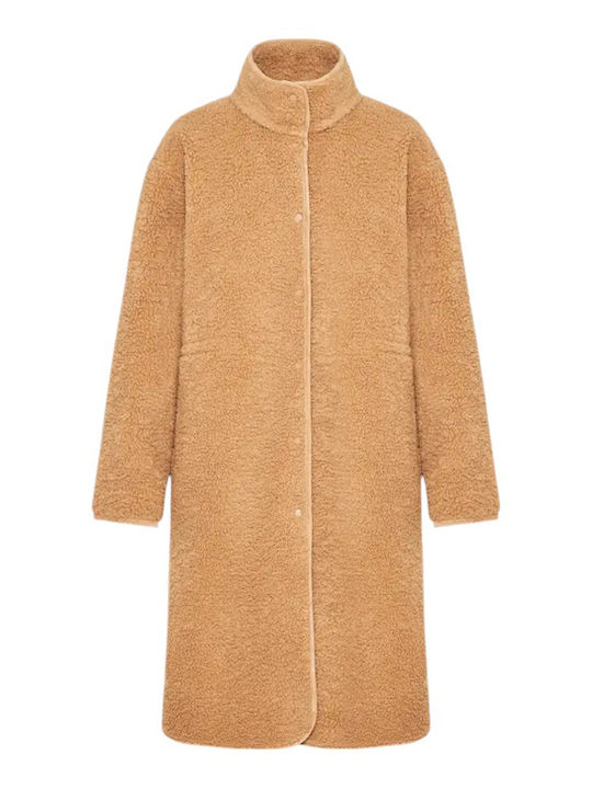 Γυναικείο Καφέ Παλτό Teddy Oversized με Γούνινες Λεπτομέρειες