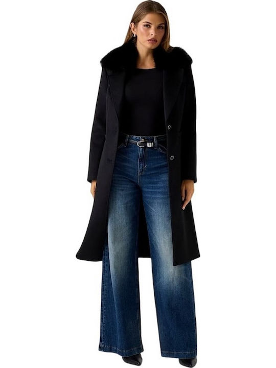 Wool Women's Black Coat with Fur Details