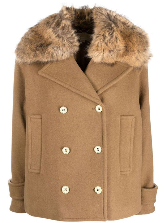 Wool Women's Beige. Coat with Fur Details