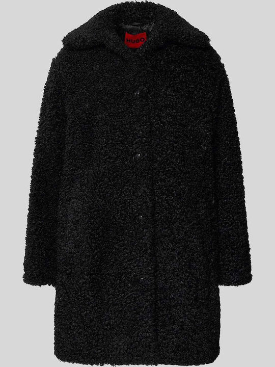 Women's Black Coat Teddy with Buttons