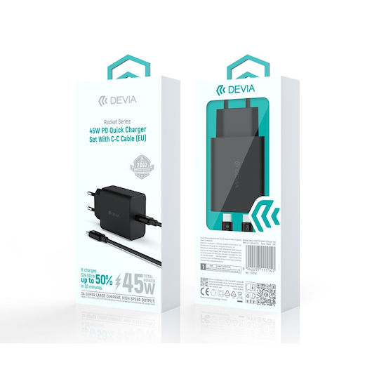 Devia Charger with USB-C Port and Cable USB-C - USB-C 45W Power Delivery Blacks (Rocket)