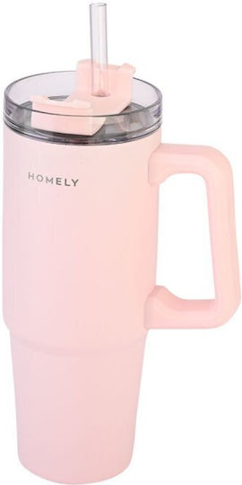 Homely Θερμός Straw Tumbler 900ml Rose Quartz