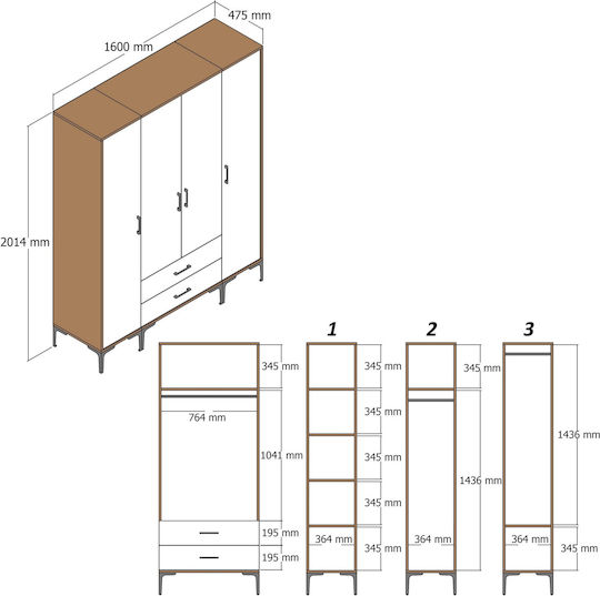 Ντουλάπα Τέσσερις Πόρτες Ptr Lidya Ανθρακί 160x47x201cm