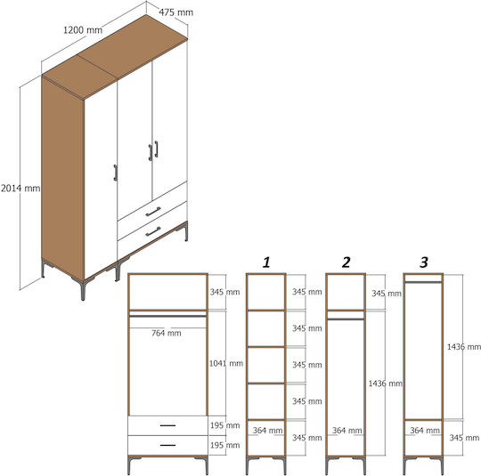 SteweHome Kleiderschrank Dreifachtür Pt Walnuss Weiß 120x47x201cm