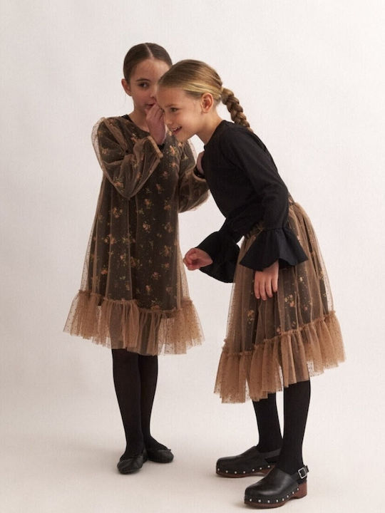 Children's Dress Long Sleeve Tulle Floral Black, Camel