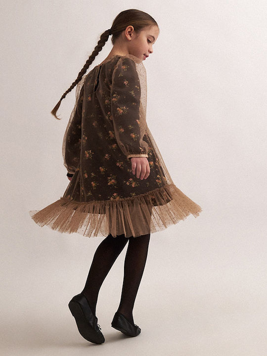 Children's Dress Long Sleeve Tulle Floral Black, Camel