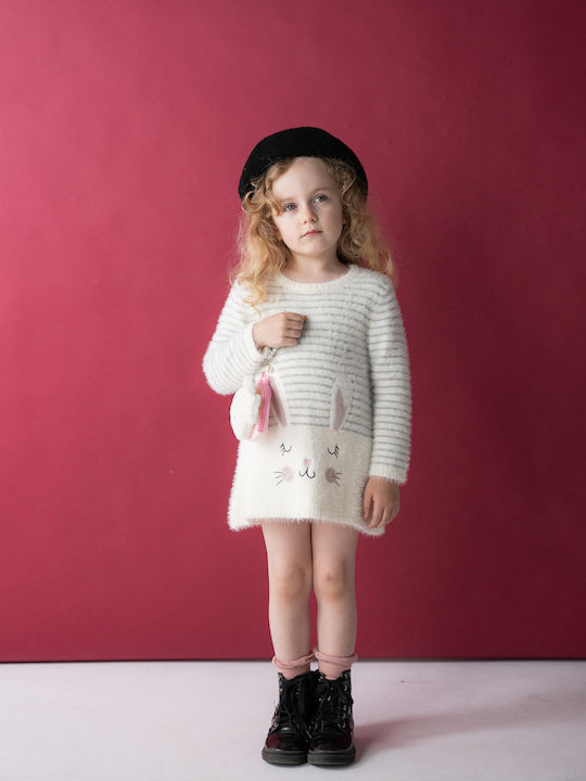 Mädchenkleid Langärmelig Gestrickt Gestreift Kinderbekleidungssets mit Zubehör Ecru