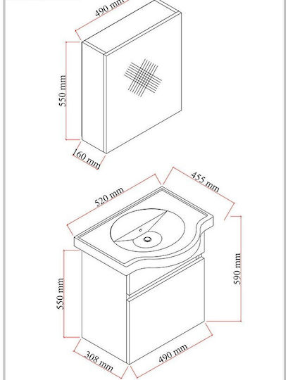SteweHome Badezimmer Waschtisch-Einheit Weiß MDF Mit Waschbecken & Spiegel 52x30x59cm