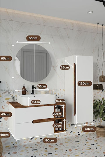Bathroom Vanity Cabinet With Sink And Column 3pcs White 80x45x53cm