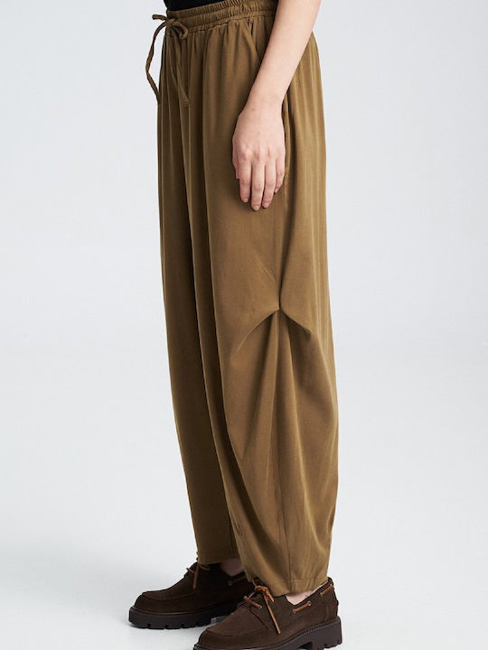 Damen Hoch tailliert Leinen Hose in Entspannter Passform Olive