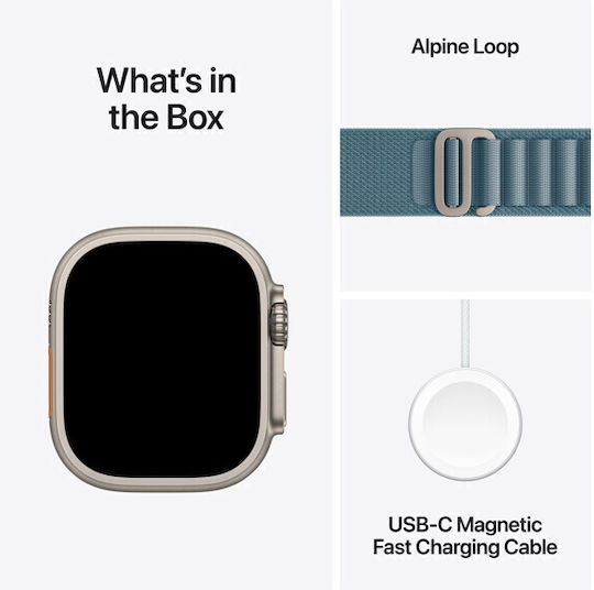 Apple Watch Ultra 3 Titanium 49mm Waterproof with eSIM and Heart Rate Monitor (Black Titanium Case with Light Blue Alpine Loop - Large)