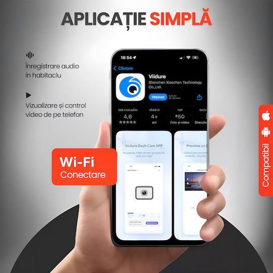 Camera DVR Auto 4K Față Spate Wi-Fi Senzor WDR Viziune Nocturnă Senzor G Mod Parcare 24h Unghi 170° Cameră Marșarier Inclusă Înregistrare În Buclă Aplicație Viidure Android iOS Fără Card Memorie