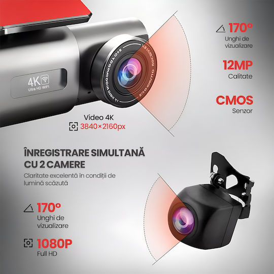 Camera DVR Auto 4K Față Spate Wi-Fi Senzor WDR Viziune Nocturnă Senzor G Mod Parcare 24h Unghi 170° Cameră Marșarier Inclusă Înregistrare În Buclă Aplicație Viidure Android iOS Fără Card Memorie