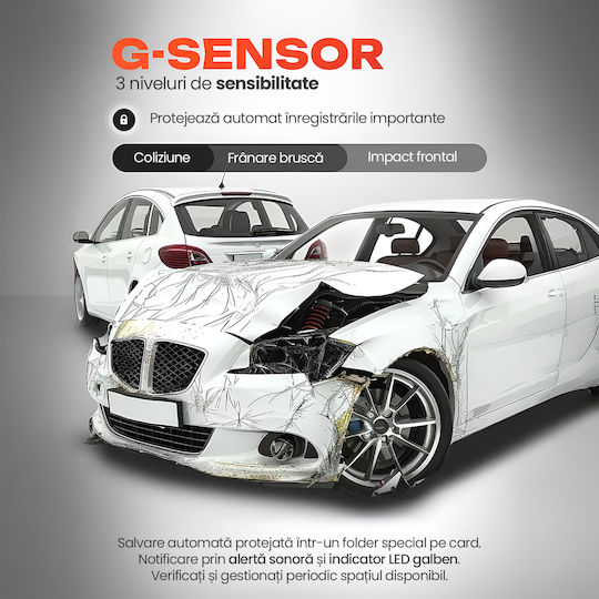 Camera DVR Auto 4K Față Spate Wi-Fi Senzor WDR Viziune Nocturnă Senzor G Mod Parcare 24h Unghi 170° Cameră Marșarier Inclusă Înregistrare În Buclă Aplicație Viidure Android iOS Fără Card Memorie