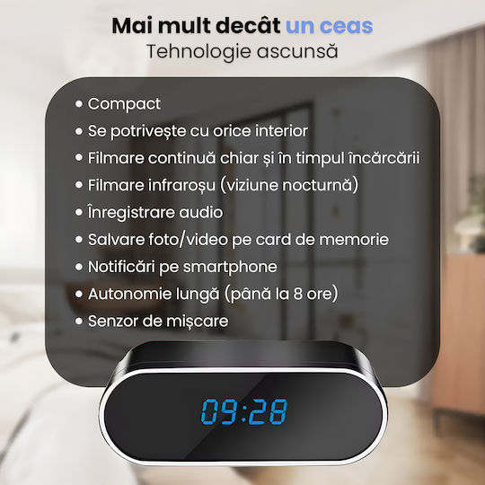 Cameră De Supraveghere În Ceas Wifi 1080p Full Hd Card De 8gb Inclus Viziune Nocturnă Detectare Mișcare Alerte Telefon Înregistrare Audio Video Aplicație Ios Android Supraveghere Casă Birou