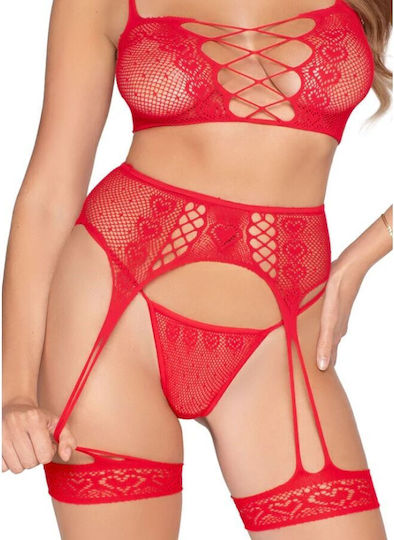 Leg Avenue 89359 Top + Thong + Garter Belt Set Red One Size