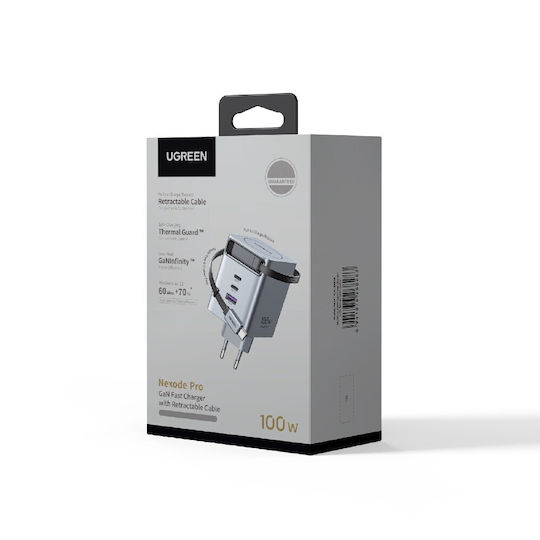 Ugreen Ladegerät GaN mit USB-A Anschluss und 2 USB-C Anschlüsse und Kabel USB-C 100W Stromlieferung Gray (X616)