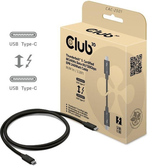 Club-3d Cable Thunderbolt 5 Male To Male 8k240hz Data 80/120 Gbps Epr 240 Watt 1m Black Cac-2501
