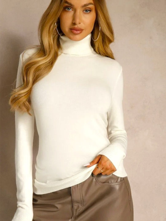 Women's Long Sleeve Sweater Cotton Turtleneck White