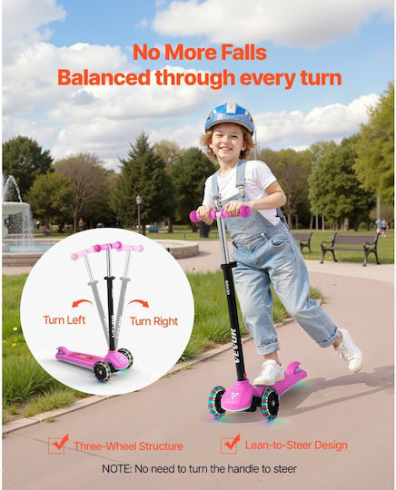 Vevor Kids Foldable 3-Wheel Scooter with LED Lighting for 3+ Years Pink