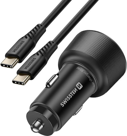 Swissten 65W PD 2x USB-C 30W USB 3.0 QC 30W Cell Phone Car Charger USB-C Cable Black