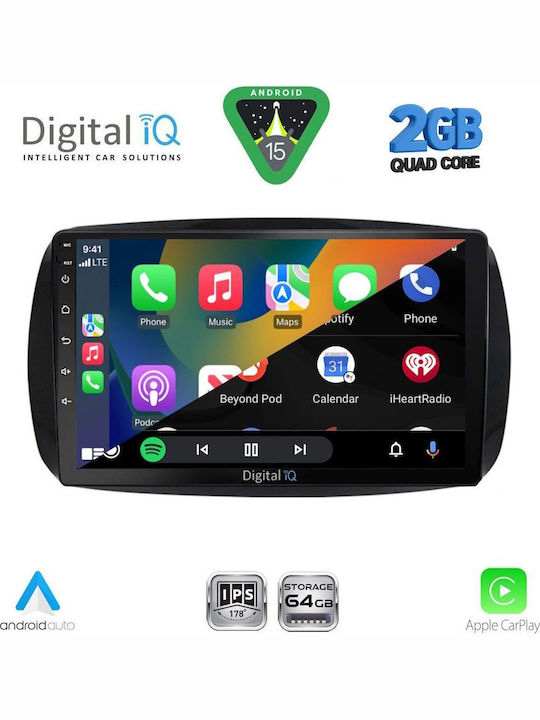 Digital IQ Auto-Audiosystem für Smart FürZwei 2016 (Bluetooth/USB/WiFi/GPS/Apple-Carplay/Android-Auto) mit Touchscreen 9"
