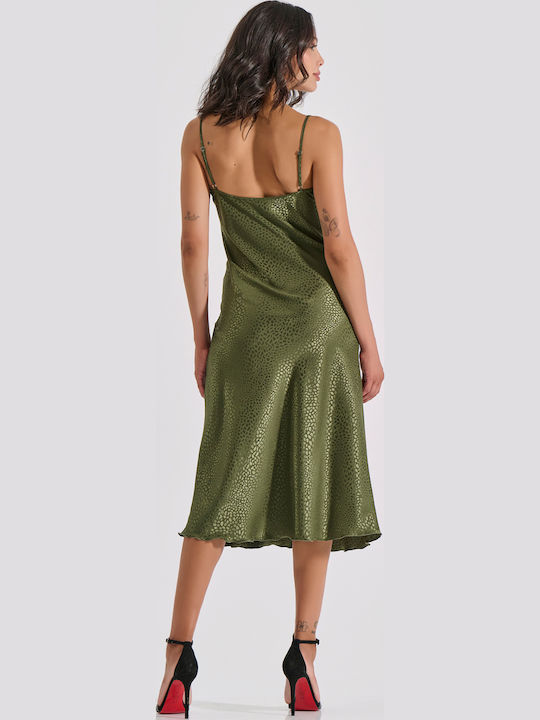 Summer Midi Evening Slip Dress Satin Olive 003434-Olive