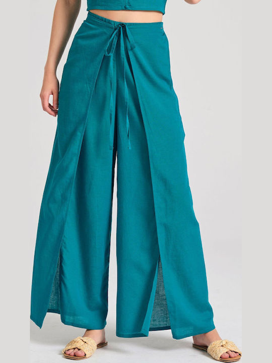 Damen Stoff Hose mit Gummizug Türkis