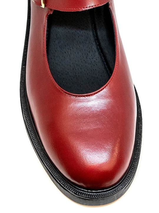 Leather Women's Ballerina Shoes Mary Jane with Strap Red