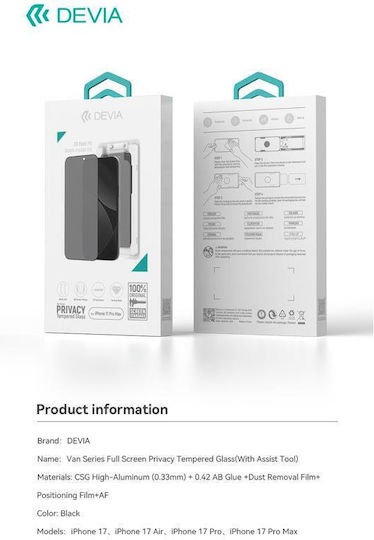Devia Premium Privacy Folie Protectie Tempered Glass Applicator Van Series Ecran Complet pentru iPhone Air