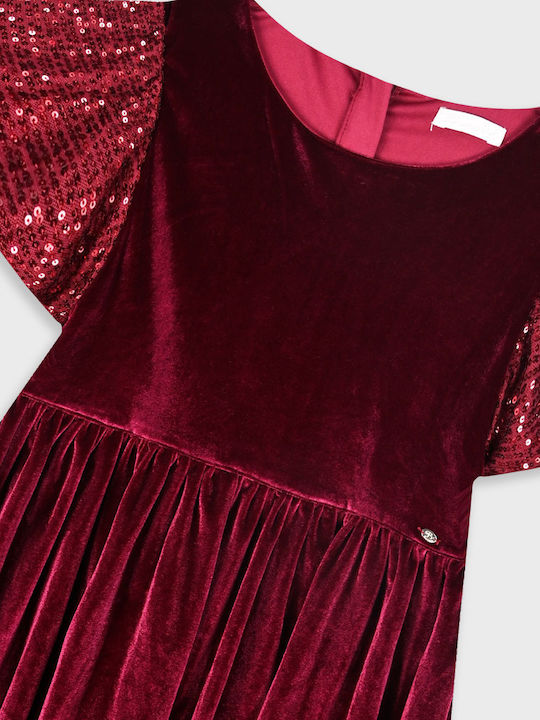 Girls Dress Short Sleeve Velvet Set with Accessories Burgundy