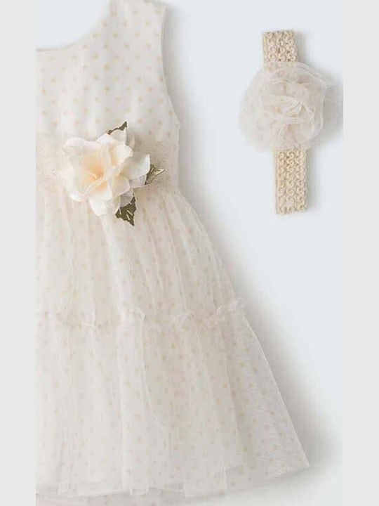 Children's Dress Sleeveless Tulle Polka Dot Set with Accessories Ecru